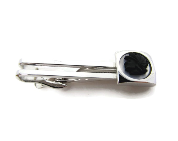 Vintage Tie Clip Tie Bar: Warrior Head Profile Open Silver Tone Design