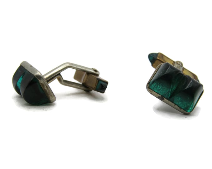 Green Stone Inlay Cuff Links Silver & Gold Tone Men's Jewelry