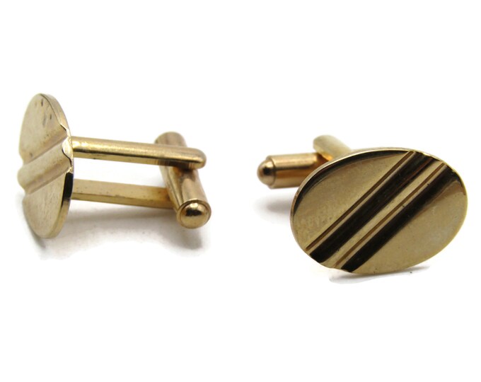 Diagonal Lines Oval Cuff Links Men's Jewelry Gold Tone