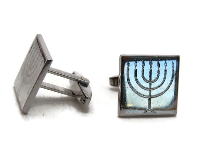 Menorah Etched Square Cuff Links Men's Jewelry Silver Tone