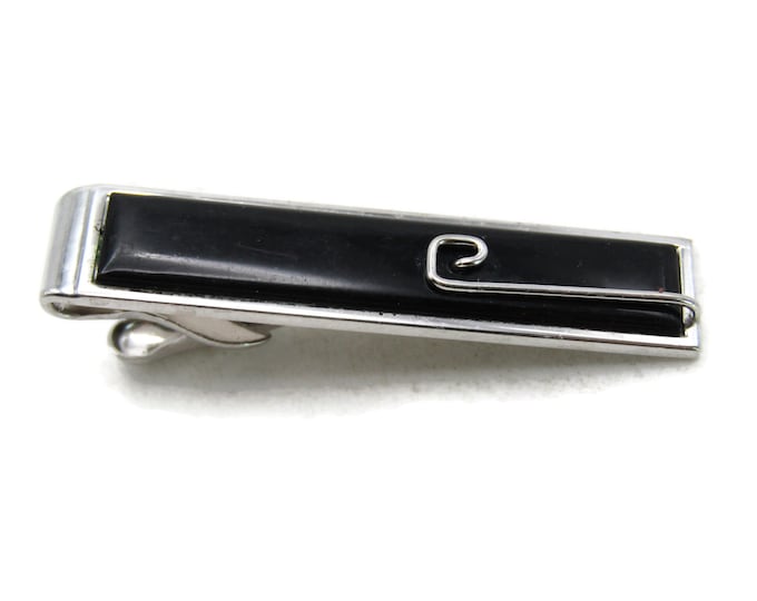 Wire Swirl & Black Stone Inlay Tie Clip Classic Silver Tone Tie Bar Men's Jewelry