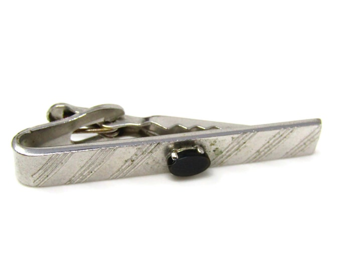 Vintage Tie Bar Clip for Men: Black Center Accent Striped Silver Tone
