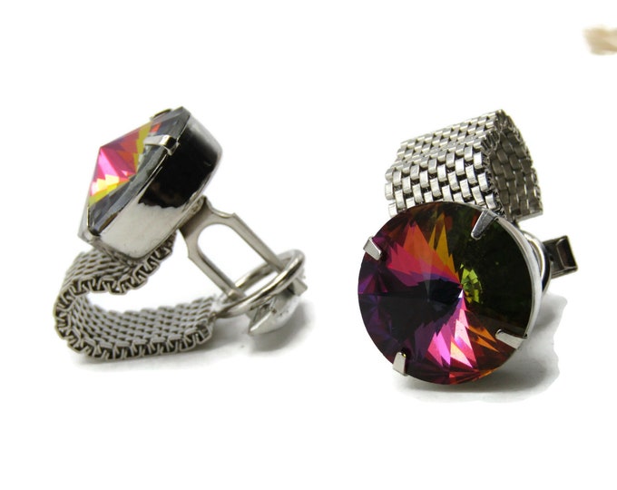 Rainbow Rhinestone Chain Cuff Links Men's Jewelry Silver Tone