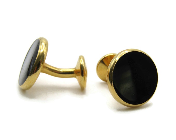Round Black Stone Inlay Cuff Links Men's Jewelry Gold Tone
