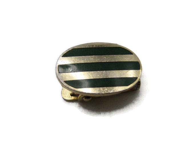 Green Stripe Oval Tie Clip Tie Bar Men's Jewelry Gold Tone