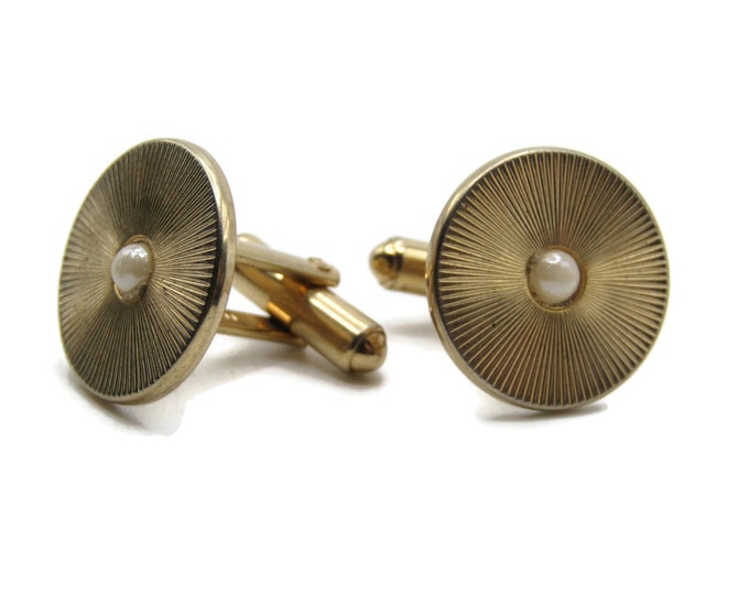 White Stone Inlay Round Sunburst Lines Cuff Links Men's Jewelry Gold Tone