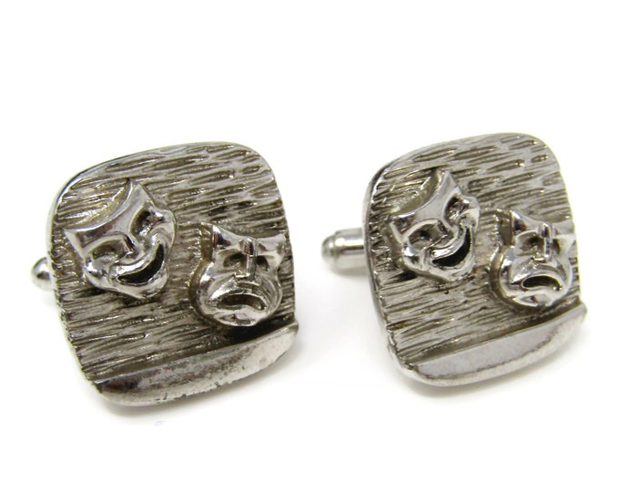 Vintage Cufflinks for Men: Comedy Tragedy Masks Actor Gift Wood Texture Silver Tone