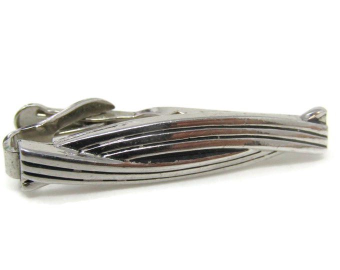 Interlocking Grooves Modernist Tie Bar Clip Vintage Silver Tone Stand Out w/ Style Fit In with Class