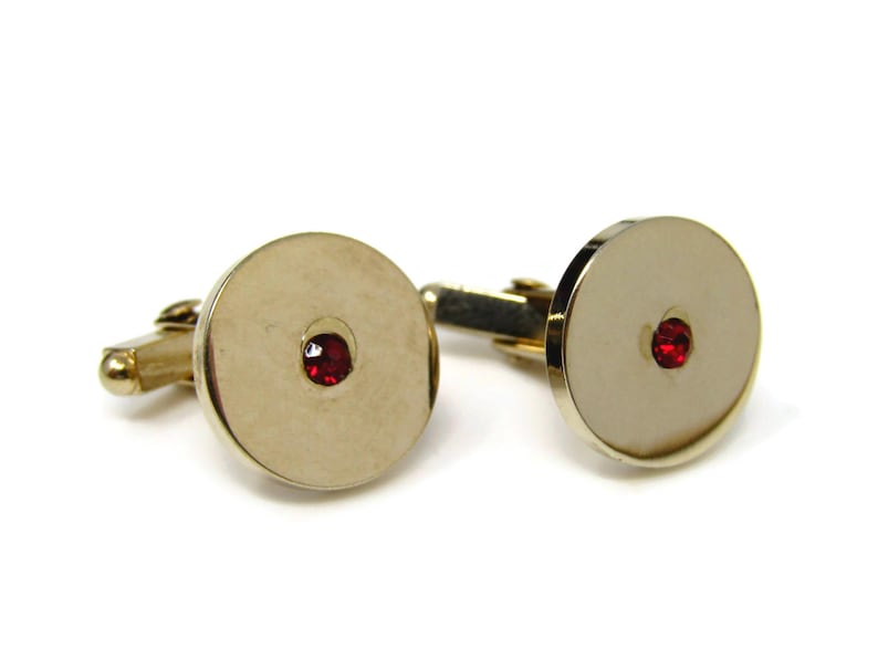 Vintage Cufflinks for Men Red Jewel Center Round Gold Tone Design