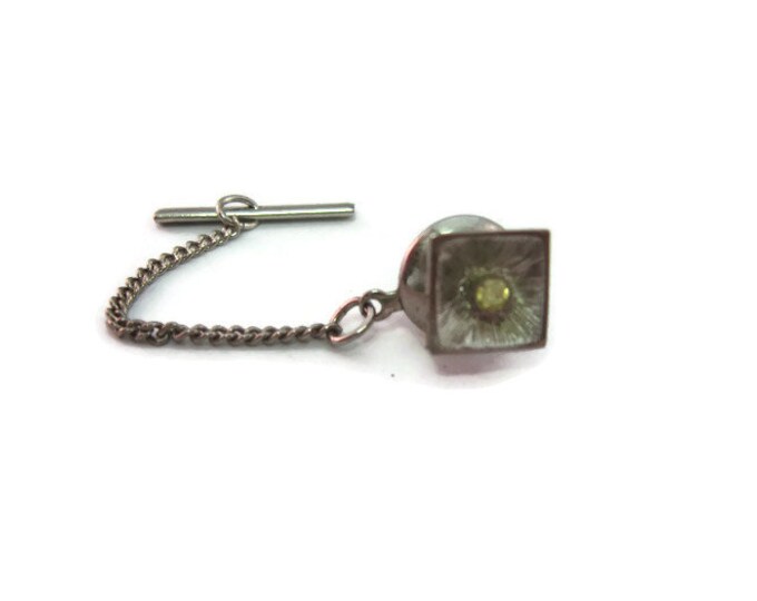 Vintage Men's Tie Tack Pin Jewelry:  Clear Jewel Center Concave Silver Tone Square Design