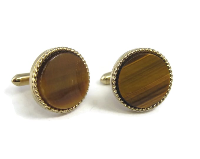 Vintage Cufflinks for Men: Tiger's Eye Round Design Gold Tone Twist Rope Border