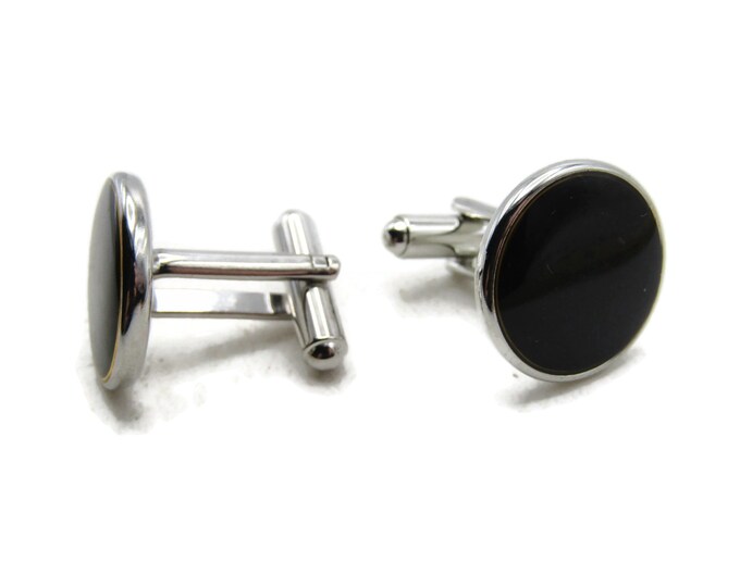 Round Black Stone Inlay Classic Cuff Links Men's Jewelry Silver Tone