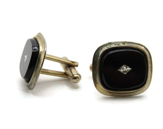 Black Stone And Rhinestone Inlay Cuff Links Men's Jewelry Gold Tone