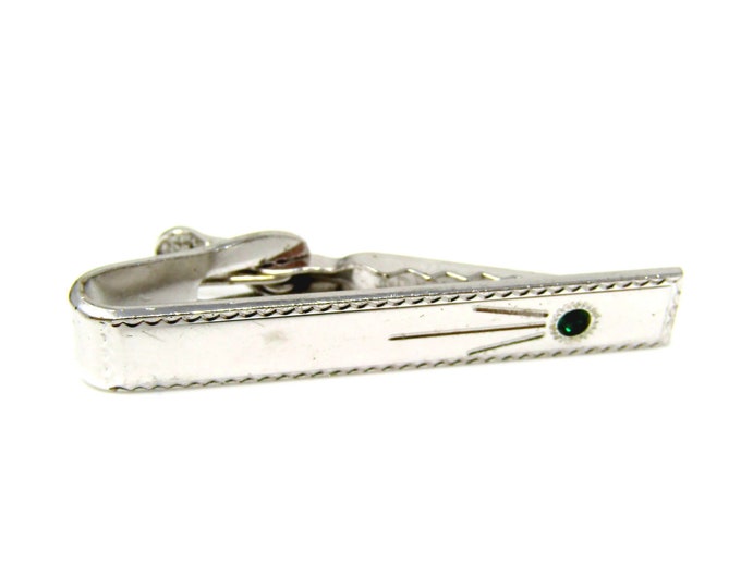 Green Jewel Tie Clip For Men Vintage Tie Bar Nice Design Silver Tone Gift for Dad, Brother, Husband, Son