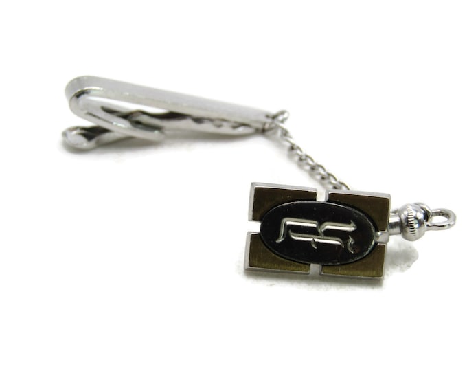 R Letter Initial Monogram Tie Clip Chain Set Black Gold & Silver Tone Tie Bar Men's Jewelry