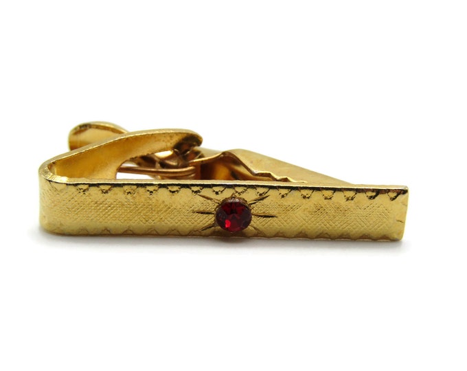 Red Rhinestone Inlay Textured Front Tie Bar Tie Clip Modernist Industrial Men's Jewelry
