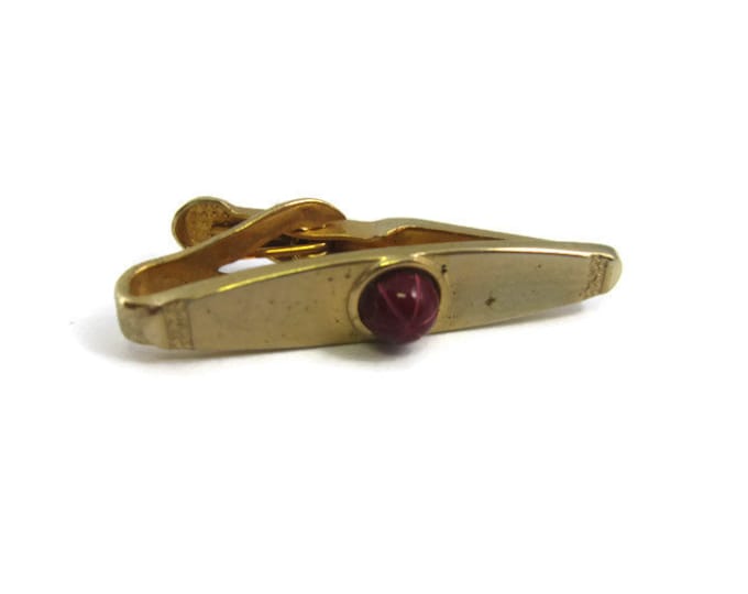 Vintage Tie Bar Clip: Red Center Gold Tone Fancy Tips Gold Tone
