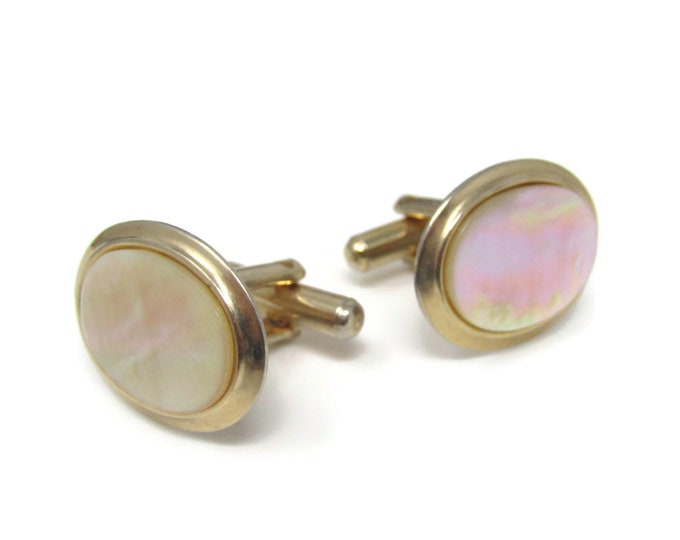 Vintage Cufflinks for Men: Nice Mother of Pearl Oval Design Gold Tone Border