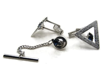 Vintage Silver Tone Cuff Links & Tie Pin Set: Blue Stone Triangle