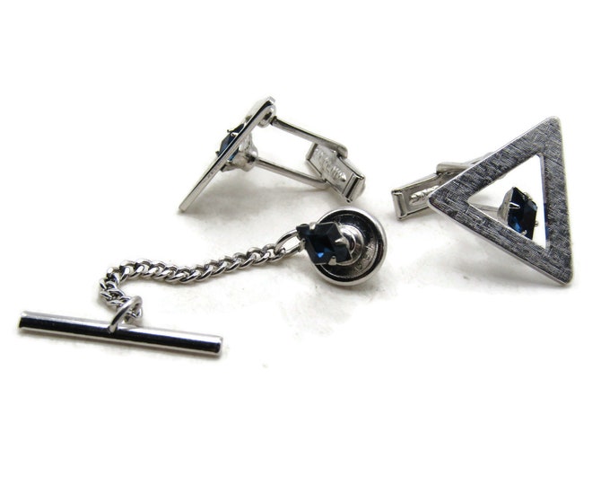 Triangle Cut Outs Blue Stone Inlay Cuff Links & Tie Pin With Chain Set Men's Jewelry Silver Tone