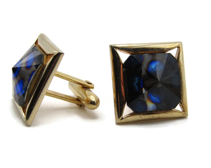 Spotted Blue Rhinestone Inlay Cuff Links Men's Jewelry Gold Tone