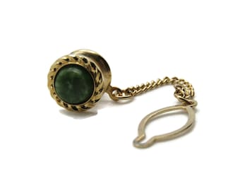 Round Green Stone Inlay Tie Pin Chain And Charm Men's Jewelry Gold Tone