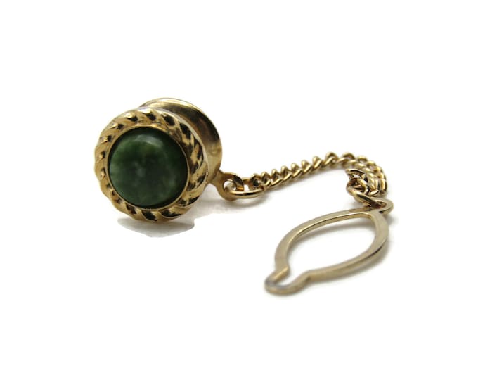 Round Green Stone Inlay Tie Pin Chain And Charm Men's Jewelry Gold Tone