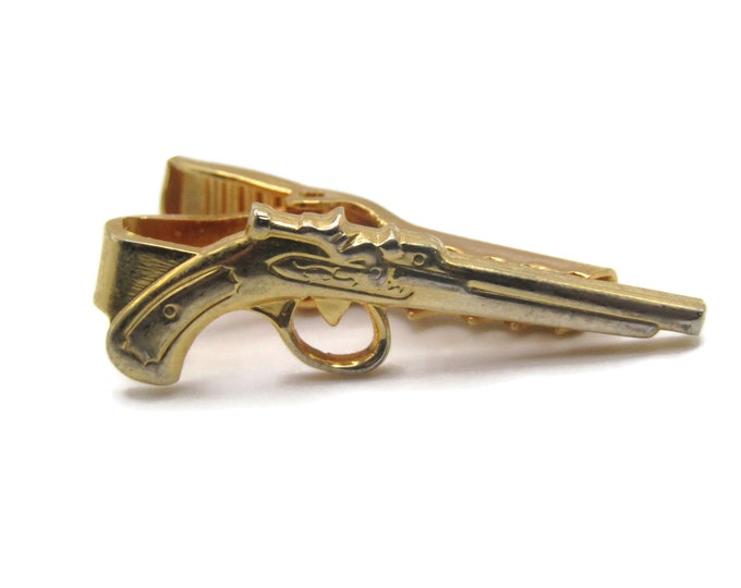 Vintage Tie Bar Pistol Gun Revolver Tie Clip Gold Tone Men's Jewelry
