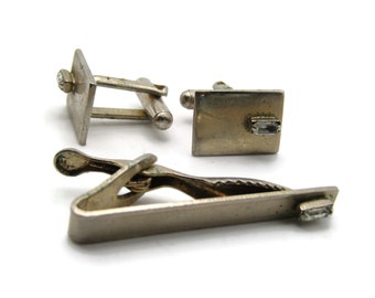 Vintage Rhinestone Cufflink Tie Clip Set - Gold Tone Rectangle Jewelry