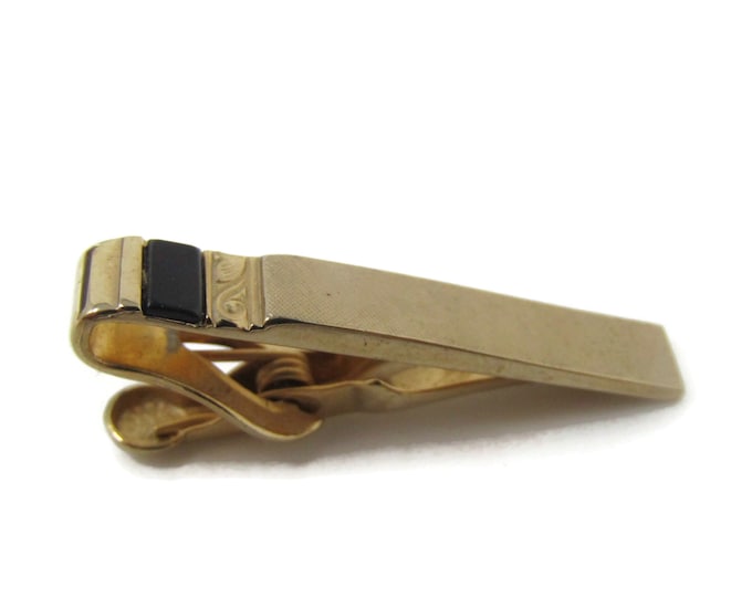 Black Accent Textured Body Tie Bar Clip Vintage Gold Tone Stand Out w/ Style Fit In with Class