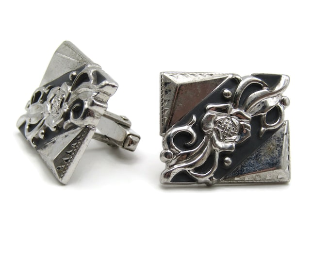 Vintage Cufflinks for Men: Rose and Leaves Bold Etched Design Silver Tone