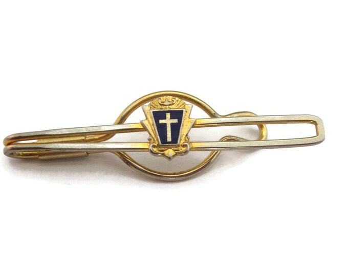 Vintage Men's Tie Bar Clip Jewelry: Cross on Blue Enamel Open Design Faded Gold Tone