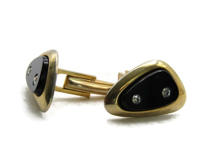 Unique Triangle Black Stone and Rhinestone Inlay Cuff Links Gold Tone Men's Jewelry