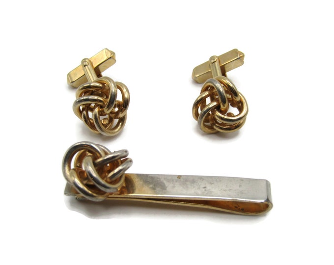 Knotted Design Vintage Men's Jewelry Set: Tie Bar Cufflinks Gold Tone