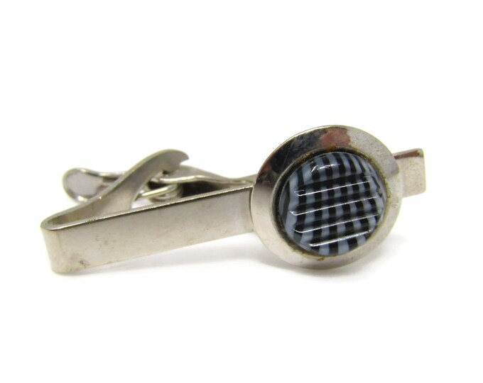 Black White Glass Tie Clip Men's Vintage Tie Bar Silver Tone Excellent Design