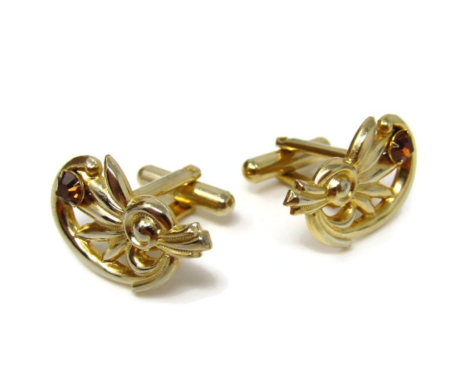 Brown Jewel Flower Cufflinks for Men Vintage Gold Tone Design