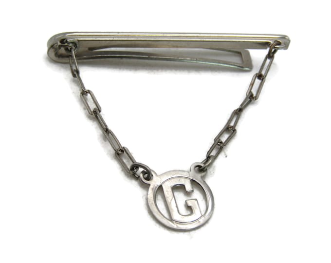 G Letter Initial Monogram Tie Clip & Chain Classic Design Silver Tone Tie Bar Men's Jewelry