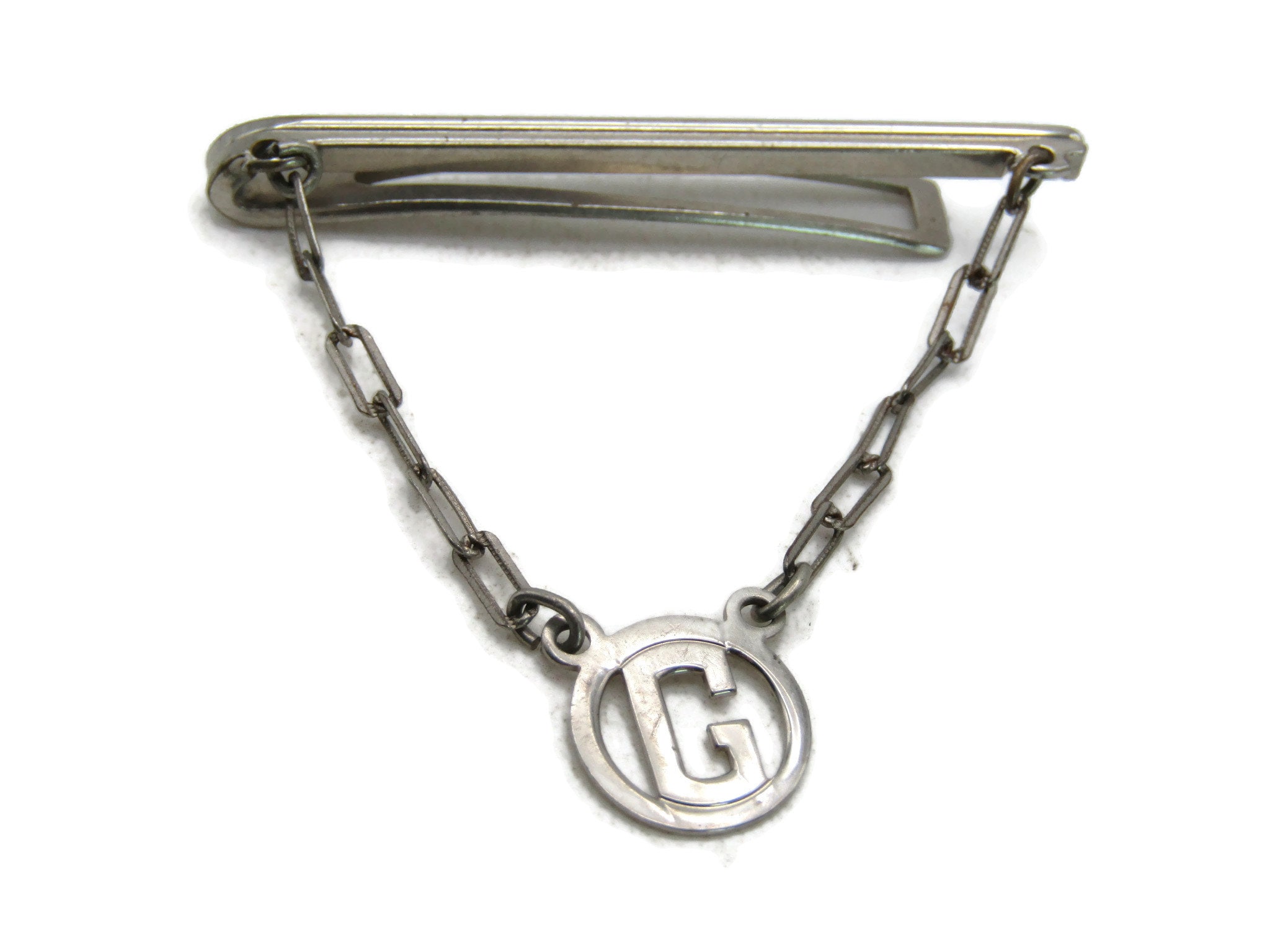 G Letter Initial Monogram Tie Clip & Chain Classic Design Silver Tone Tie  Bar Men's Jewelry