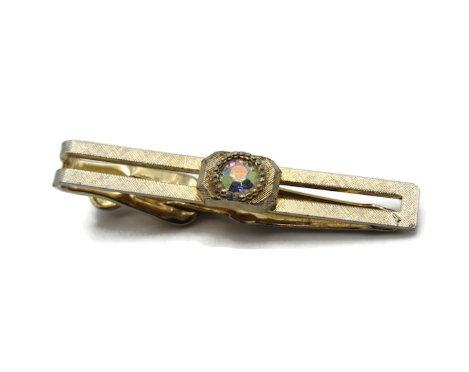 Rainbow Rhinestone Inlay Open Bar Gold Tone Modernist Tie Clip Tie Bar Men's Jewelry