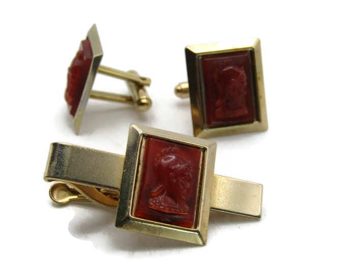 Red Stone Roman Head Tie Clip And Cuff Links Set Men's Jewelry Gold Tone