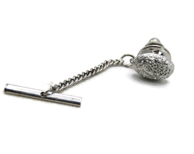 Textured Oval Tie Lapel Pin & Chain Silver Tone Men's Jewelry