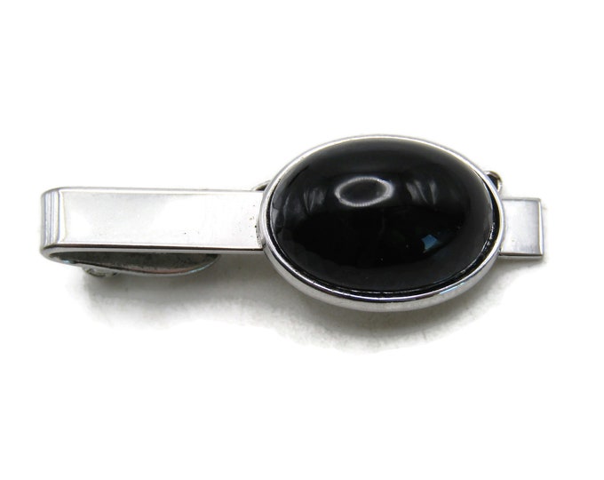 Oval Black Stone Inlay Tie Clip Tie Bar Men's Jewelry Silver Tone