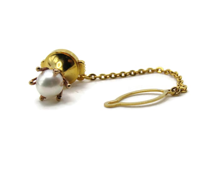White Stone Tie Pin Chain And Charm Men's Jewelry Gold Tone