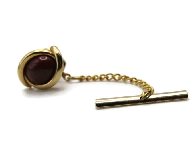 Oval Red Stone Inlay Tie Pin And Chain Men's Jewelry Gold Tone