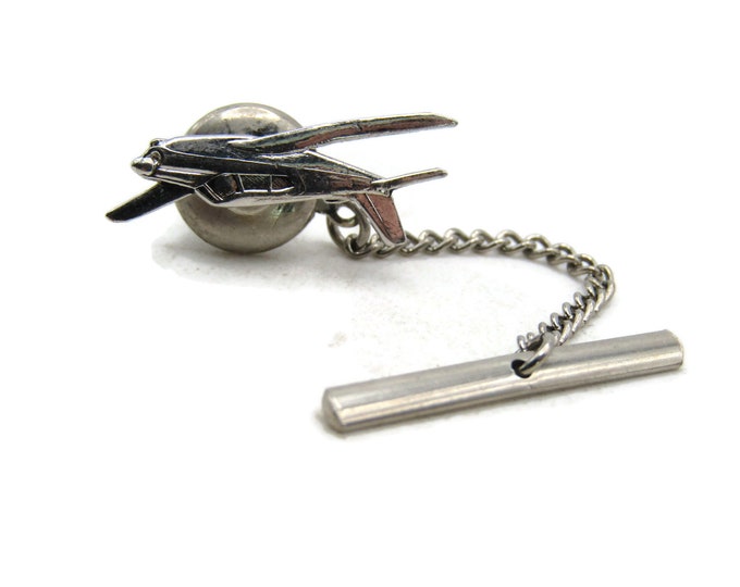Airplane Tie Lapel Pin & Chain Silver Tone Men's Jewelry