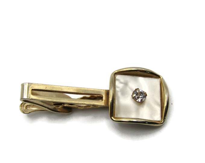 Square Mother of Pearl and Rhinestone Centered Inlay Gold Tone Tie Bar Tie Clip Men's Jewelry