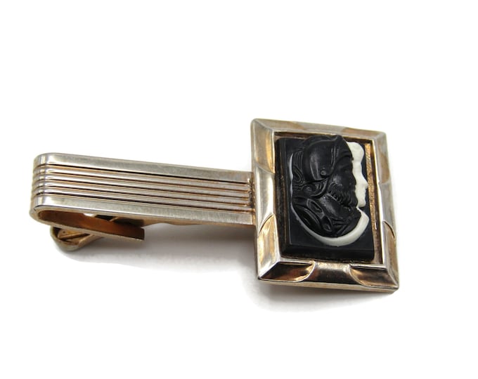 Soldier Heads Black and White Stone Inlay Gold Tone Tie Clip Tie Bar Men's Jewelry