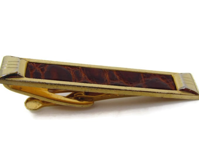 Leather Center Tie Clip Vintage Tie Bar: Gold Tone