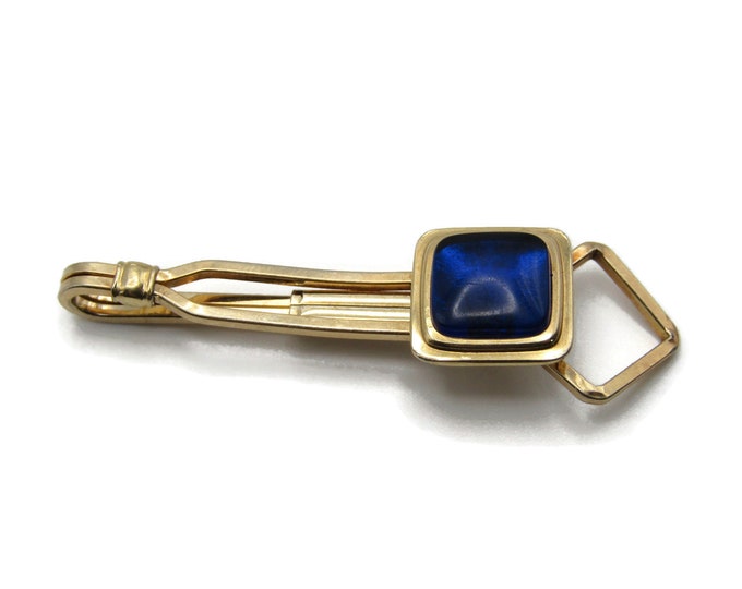 Blue Stone Inlay Open Body Gold Tone Vintage Tie Bar Tie Clip Men's Jewelry