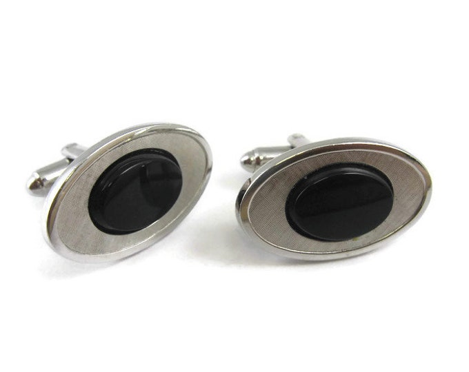 Vintage Cufflinks for Men: Beautiful Black Glass Oval Textured Silver Tone Setting Smooth Border